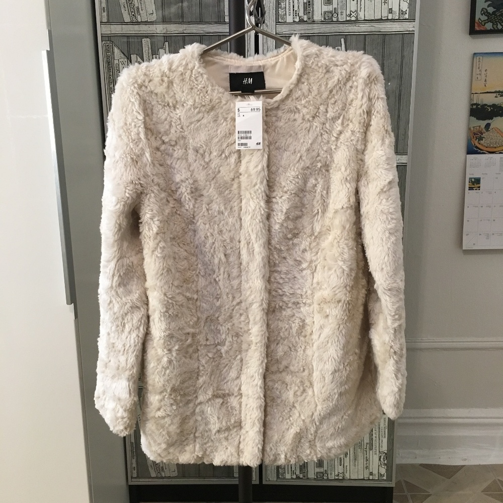 H&M Faux Fur Coat Jacket 8 Ivory White Cream hm